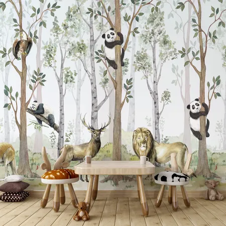 Kids Forest With Watercolor Animals Peel And Stick Wallpaper