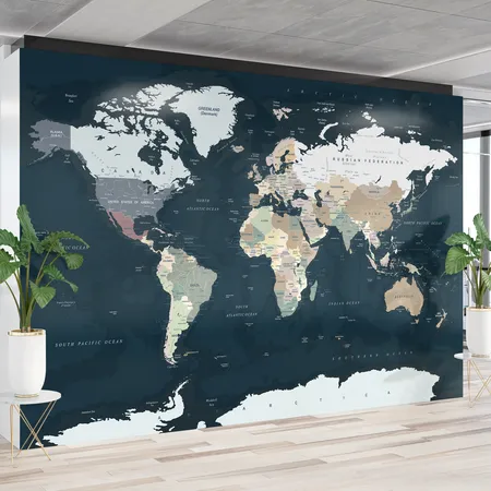 Koyu Lacivert Siyasi Dünya Haritası Yapışkan Duvar Kağıdı
