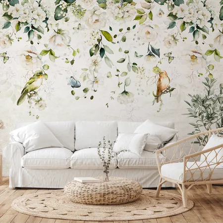 Watercolor Green Leaves and Peony Flowers Wallpaper Mural