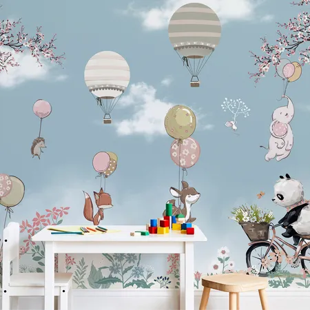 Kids Air Balloon And Animals Peel And Stick Wallpaper