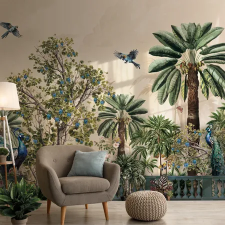 Tropical Trees and Peacock Landscape Wallpaper Mural