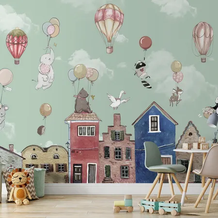 Green Animals Flying Over City And Hot Air Balloon