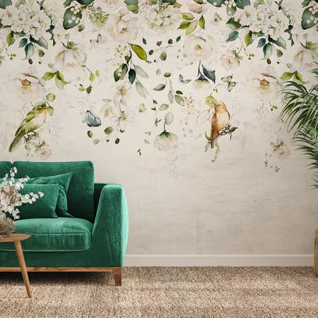 Yeşil Yapraklar Ve Kuşlar Çiçekli Folyo Duvar Kağıdı