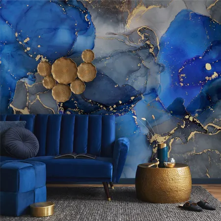 Abstract Art Blue & Gold Modern Marble Wallpaper Mural