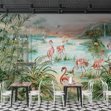 Vintage Tropical Landscape with Flamingo Wallpaper Mural