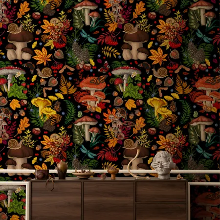 Mushrooms and Plants Dark Botanical Wallpaper Mural