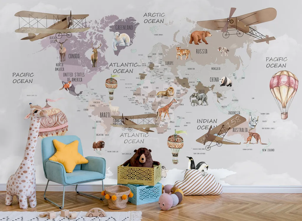 Kids World Map Watercolor Animals And Hot Air Ballon