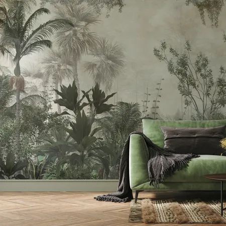 Watercolor Vintage Tropical Forest Landscape Wallpaper Mural