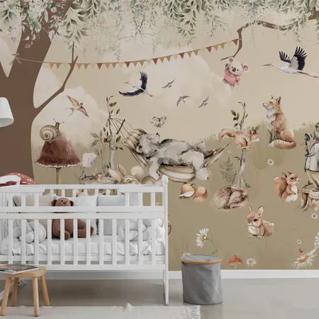 Kids Cute Animals with Watercolor Forest Wallpaper Mural