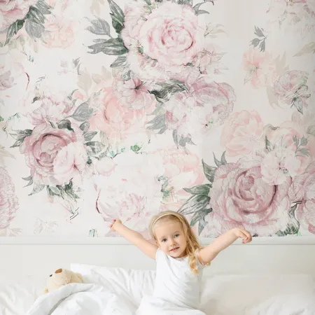 Pink Roses And White Background Peel And Stick Wallpaper