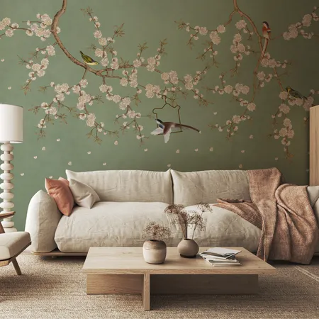 Birds and Flower Green Chinoiserie Wallpaper Mural