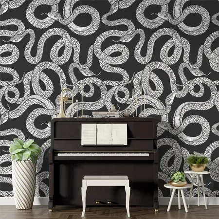 Minimalist Black and White Snakes Art Wallpaper Mural