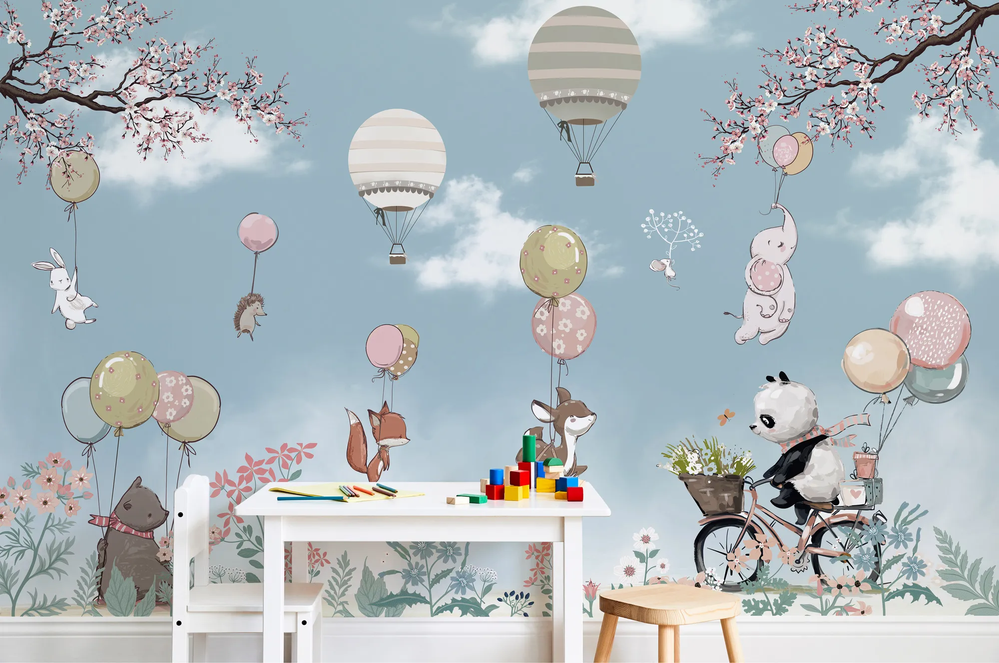 Outlet Kids wallpaper,Fly with Hot Air Balloon,Animals Wall Mural,Beige and Blue Nursery, Vinyl or Self Adhesive