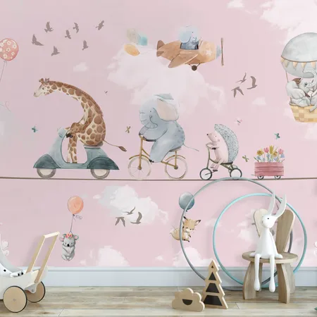 Pink Cute Acrobat Animals And Hot Air Balloons Wallpaper