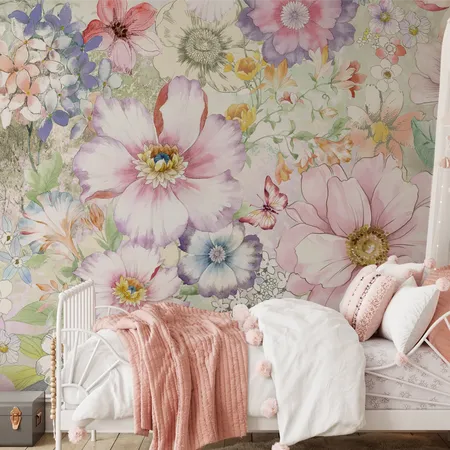 Kids Colorful Peony Flowers with Butterfly Wallpaper Mural