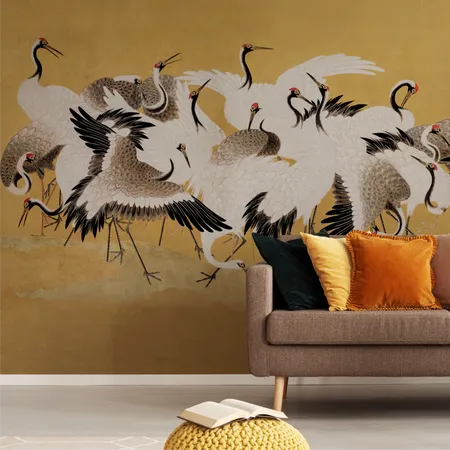 Watercolor Yellow Crane Birds Chinoiserie Wallpaper Mural