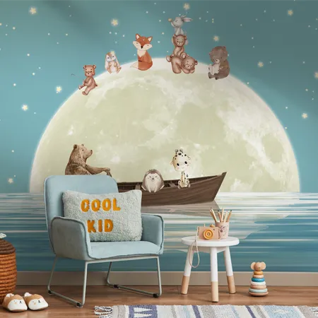 Kids Wallpaper Moon and Cute Animal Wallpaper Peel and Stick