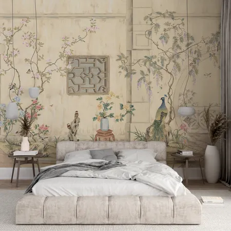 Pastel Tones Trees and Birds Chinoiserie Wallpaper Mural