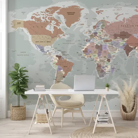 Gri Siyasi Dünya Haritası Folyo Kaplamalı Duvar Kağıdı