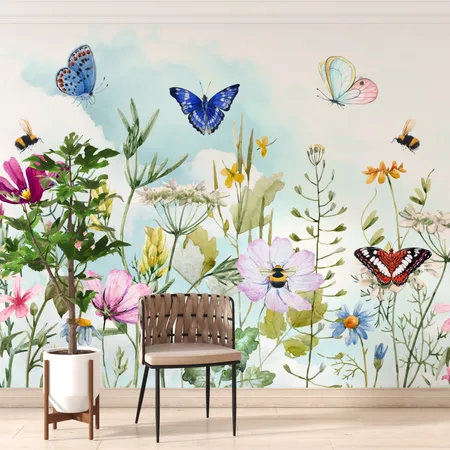 Blue Sky And Colorful Butterflies Peel And Stick Wallpaper