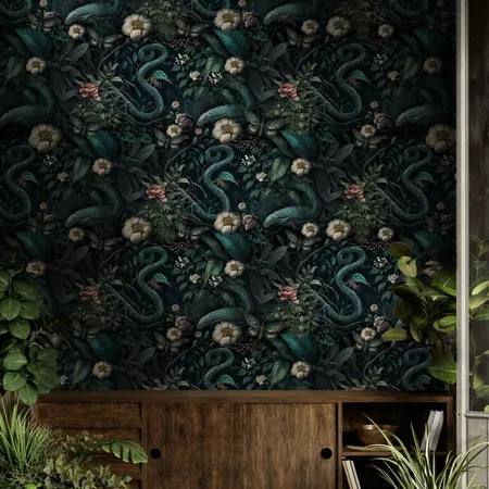 Dark Snake and Botanic Plants Botanical Wallpaper Mural