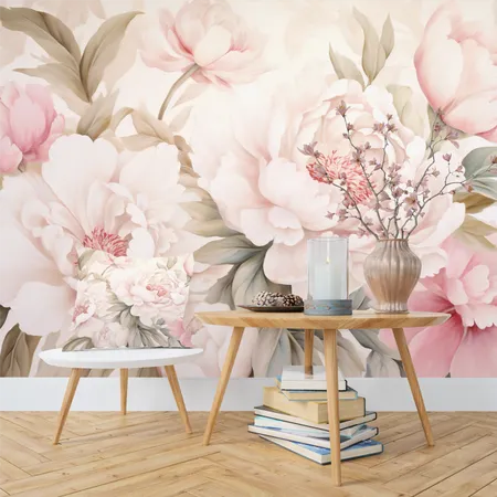Pastel Tones Bright Large Peony Flowers Wallpaper Mural
