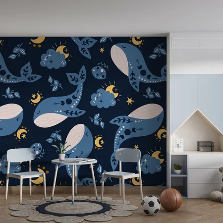 Kids Big Blue Whale Pattern Peel And Stick Wallpaper