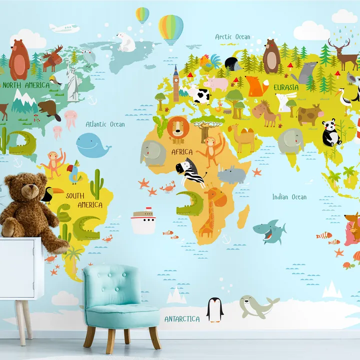 MareWallArt World Map Wallpaper - Kids Map Wall Mural, Nursery Map Wall  Mural, Kidsroom Animals Wall Print, Childroom Playroom Wallpaper