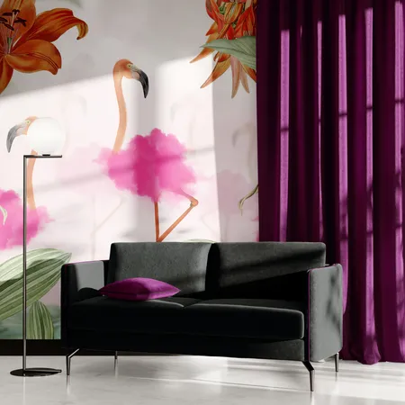 Pembe Flamingo ve Bitkiler Folyo ve Duvar Kağıdı Duvar Kağıdı
