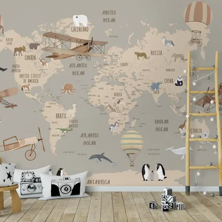 Çocuklar için Dünya Haritası ve Sıcak Hava Balonu Yapışkan Duvar Kağıdı