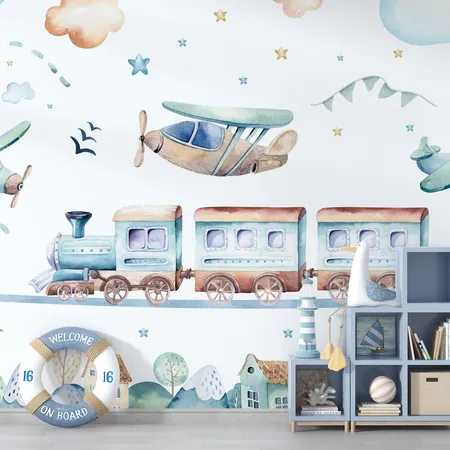 Kids Train And Plane Peel And Stick Wallpaper Mural