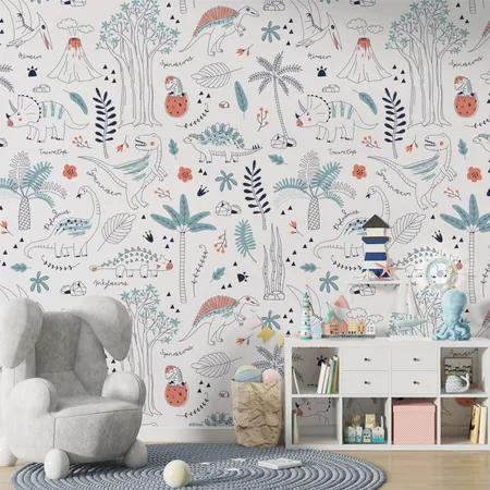 Hand Drawn Dinosaur with Plants Kids Wallpaper Mural