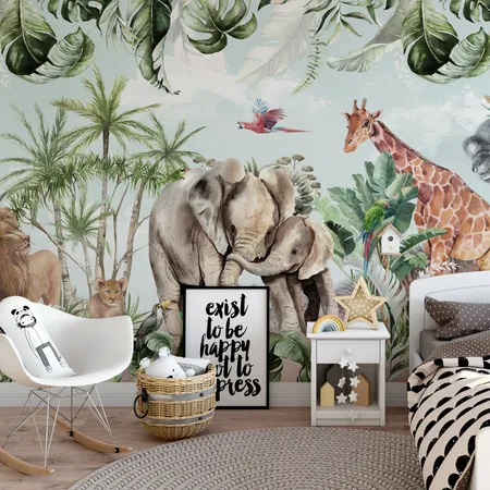 Tropical Leaf And Animals Peel And Stick Wallpaper Mural