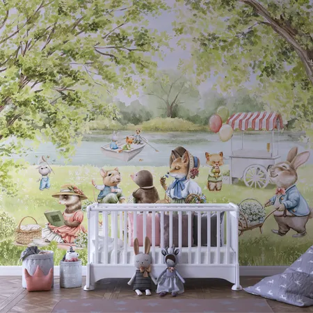 Kids Green Watercolor Forest with Animals Wallpaper Mural