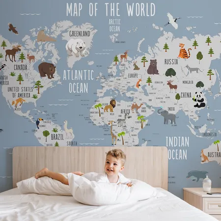 Gray Kids World Map And Sweet Animals  Murals Wallpaper