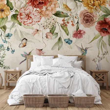 Watercolor Colorful Peony Flowers and Birds Wallpaper Mural