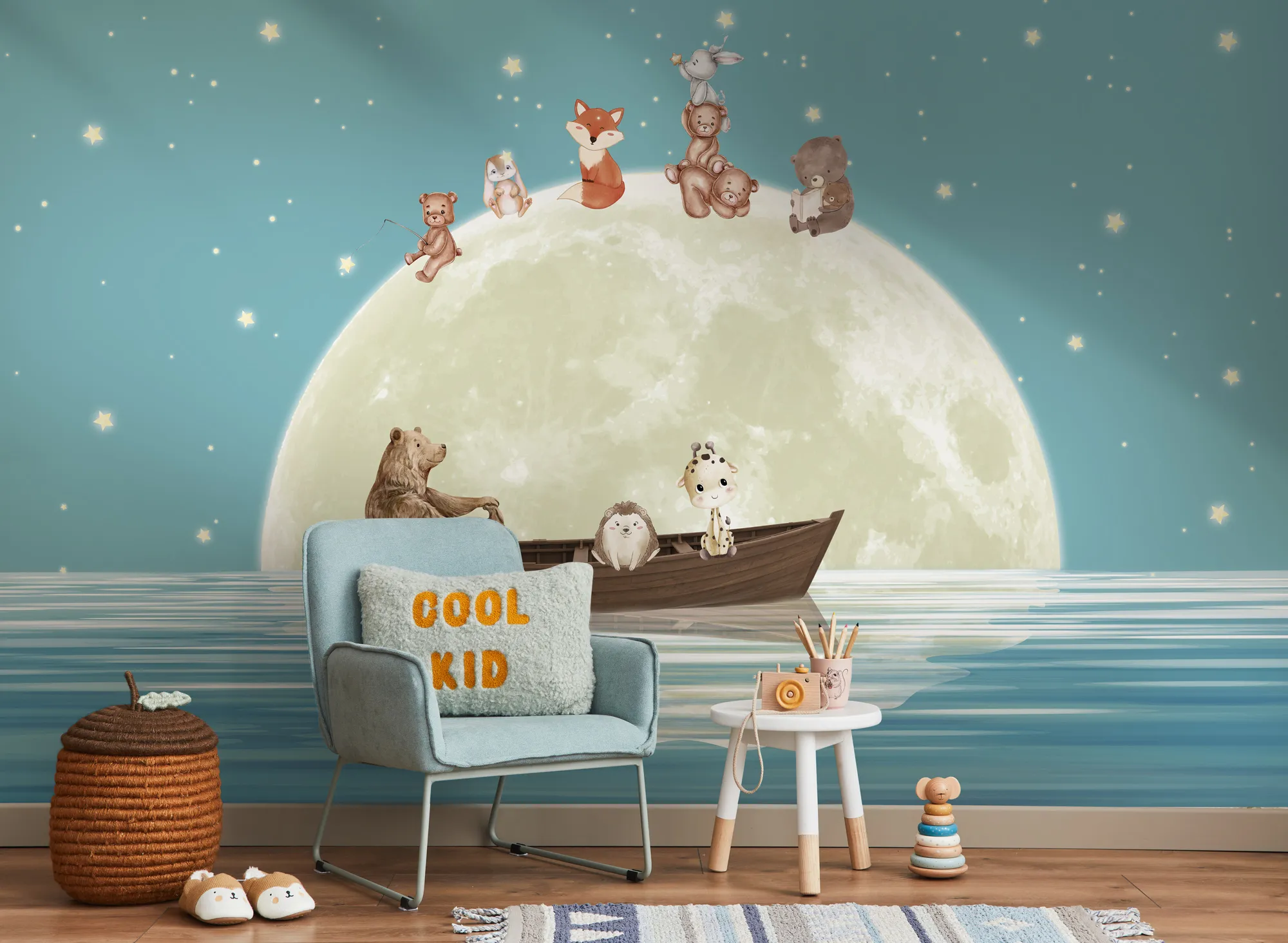 Shops Removable Wallpaper,Magical Night,Airplane with Air Balloon,Full Moon,Nursery,Self Adhesive or Vinyl