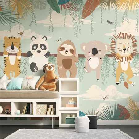 Kids Cute Animals with Tropical Jungle Wallpaper Mural