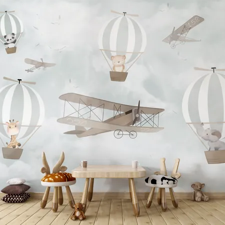 Çocuklar İçin Hayvanlar ve Sıcak Hava Balonları Kendinden Yapışkanlı Duvar Kağıdı Murali