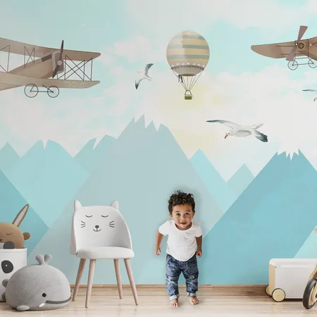 Çocuklar için Dağlar ve Gökyüzü Uçakları Folyo Duvar Kağıdı