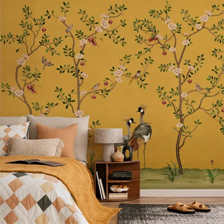 Gold Color Asian Tree and Birds Chinoiserie Wallpaper Mural