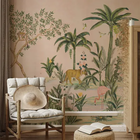 Pink Watercolor Tropical Trees and Plants Wallpaper Mural