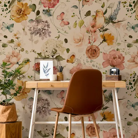 Watercolor Peonies and Birds Flowers Wallpaper Mural