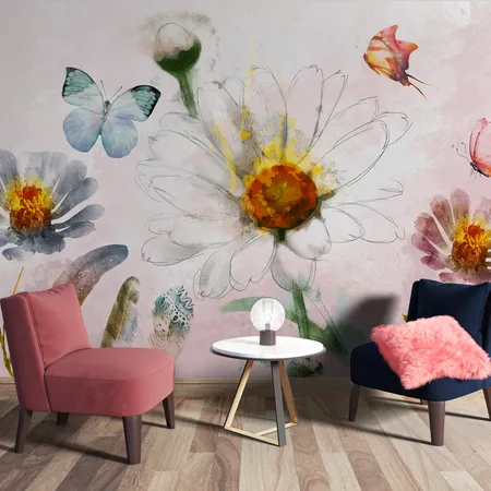 Pink Watercolor Flowers And Butterfly Wallpaper Mural