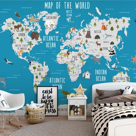 Kids World Map And Sweet Animals  Murals Wallpaper