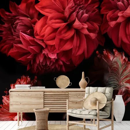 Red Photographic Oversized Dark Floral Wallpaper Mural