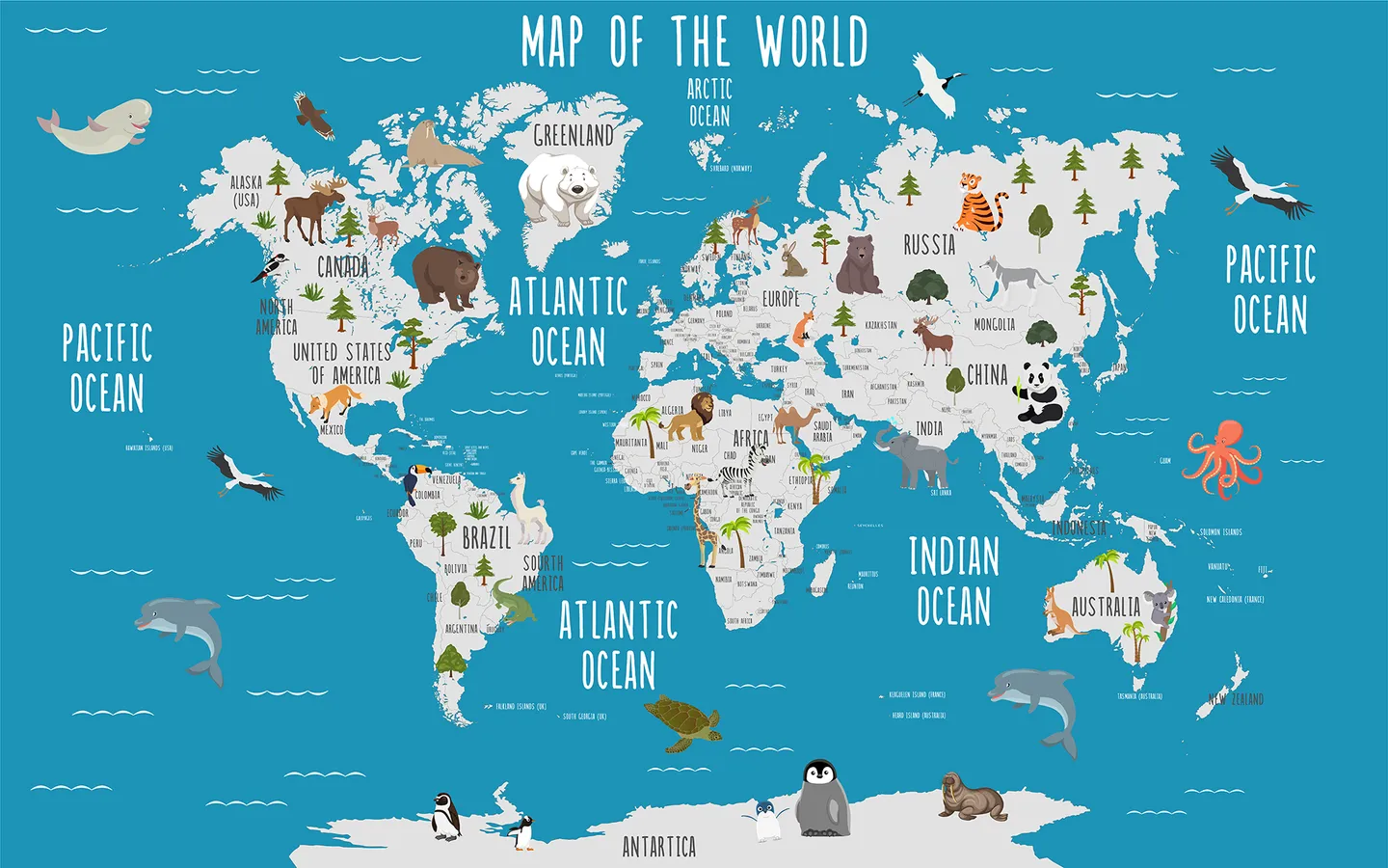 Kids World Map And Sweet Animals Murals Wallpaper