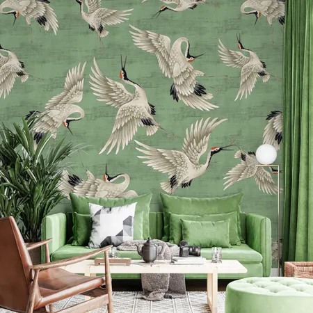 Green Chinoserie And Vintage Stork Peel And Stick Wallpaper