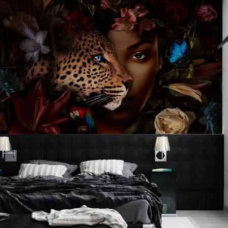Colorful Spring Dark Flowers And Leopard & Woman Wallpaper