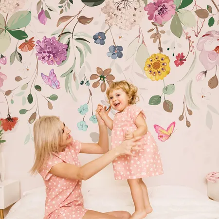 Hand Drawn Colorful Flowers and Leaves Kids Wallpaper Mural